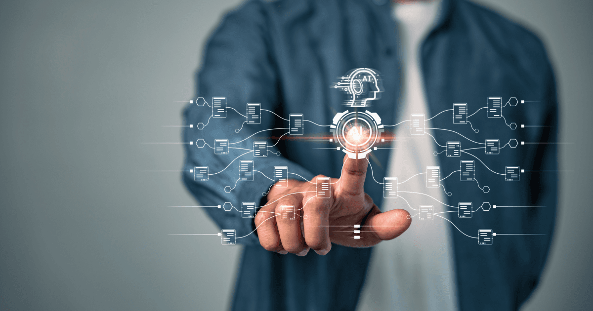 Person using a digital interface to manage AI-powered network automation and interconnected infrastructure systems.