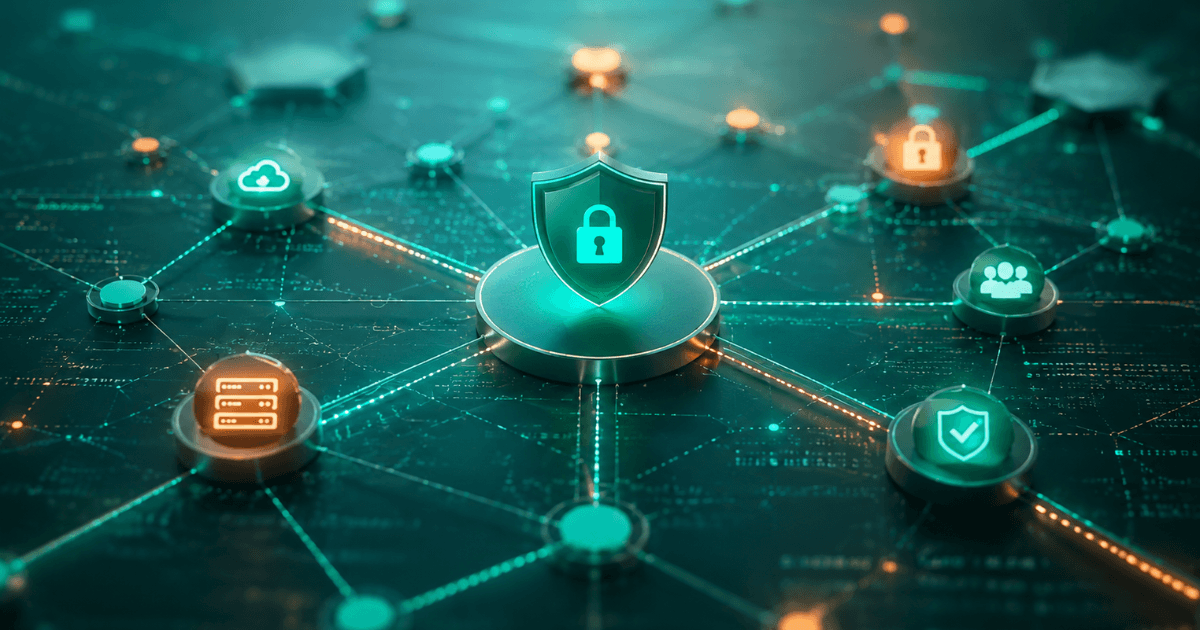 Central shield with a lock on a glowing network hub, connected to cloud, users, and security icons.