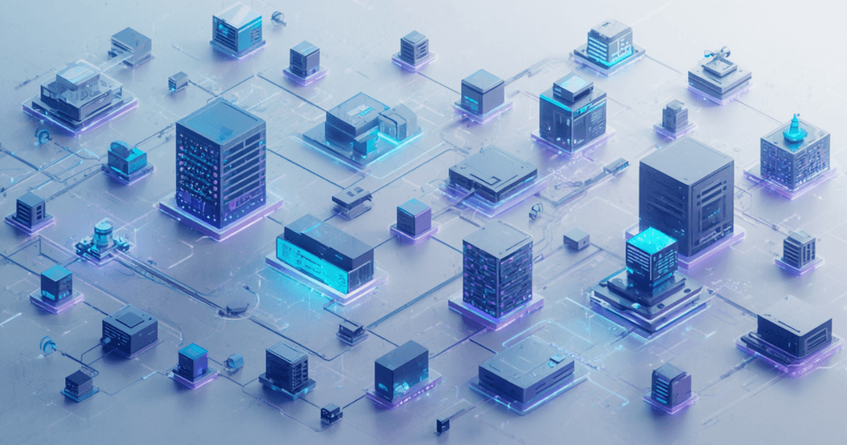 A futuristic network infrastructure environment with server blocks, data nodes, and interconnected systems. Include glowing data pathways flowing between components.