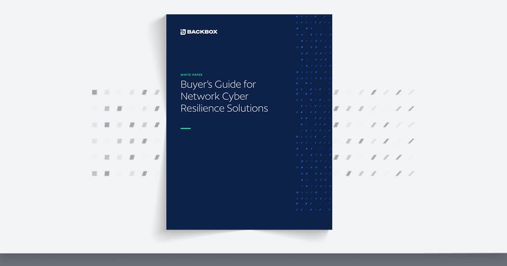 Backbox white paper cover: Buyer’s Guide for Network Cyber Resilience Solutions on a dark blue background with a dotted pattern edge.