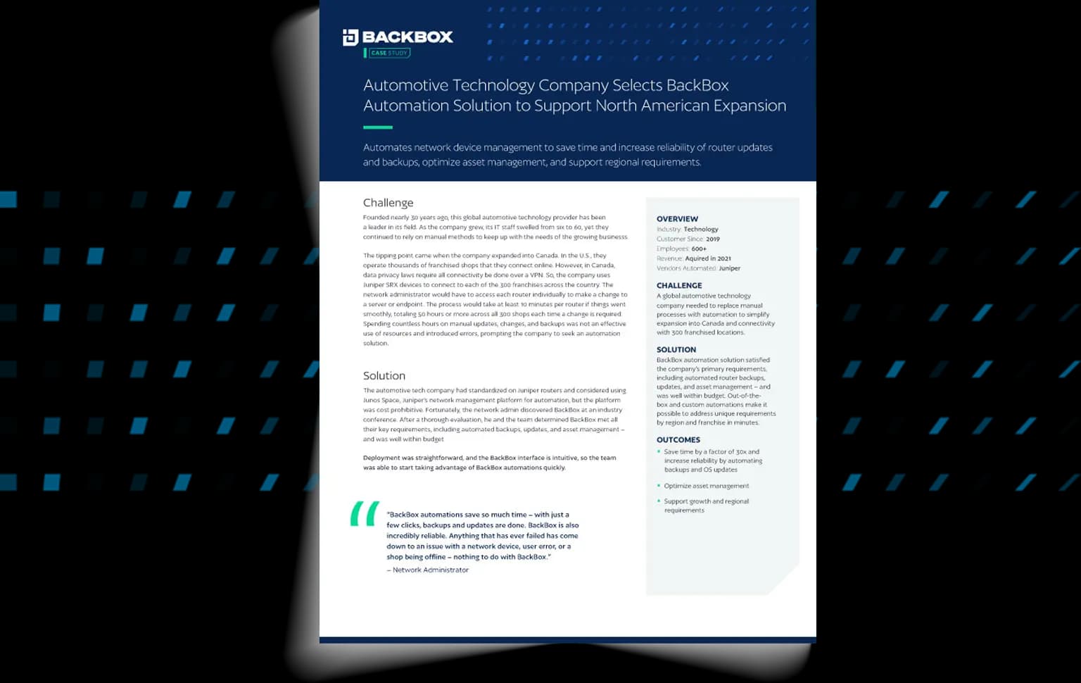 Cover image of a BackBox case study document about an automotive technology company's automation solution for North American expansion (blue header, logo visible).