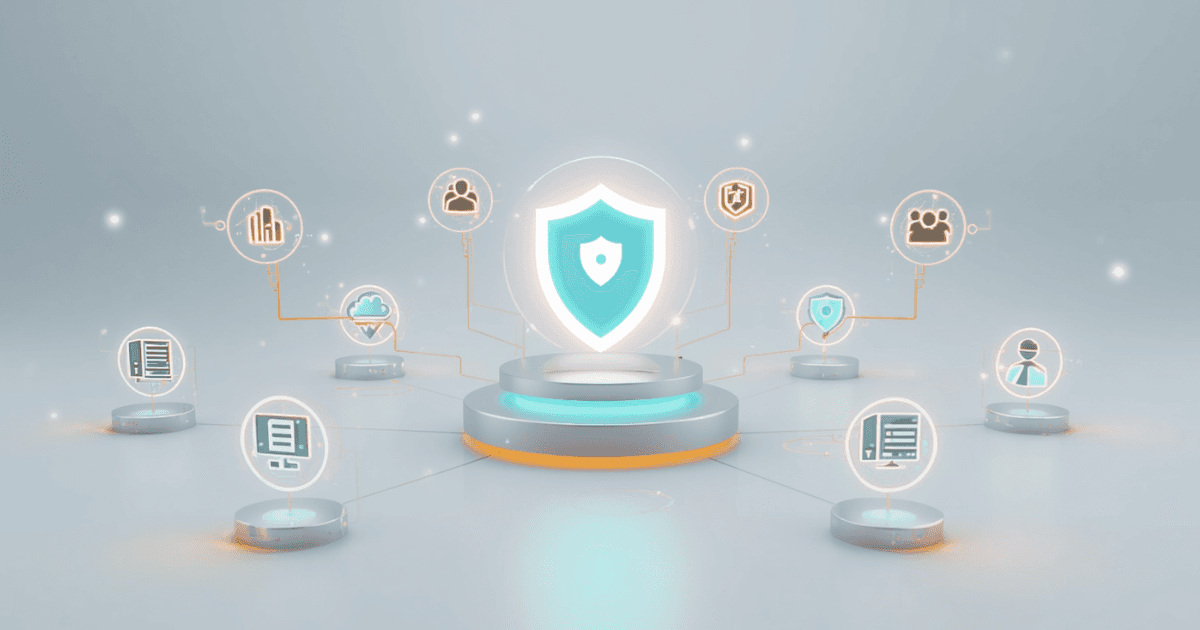 3D illustration of a network operations automation hub with a central teal shield connected to surrounding nodes representing servers, cloud, compliance, and network management icons.