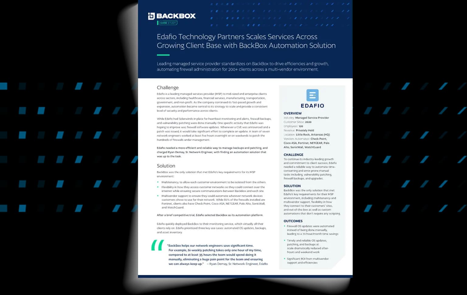 BackBox case study flyer showing Edafio Technology Partners' automation solution case highlights and overview across a two-column document.